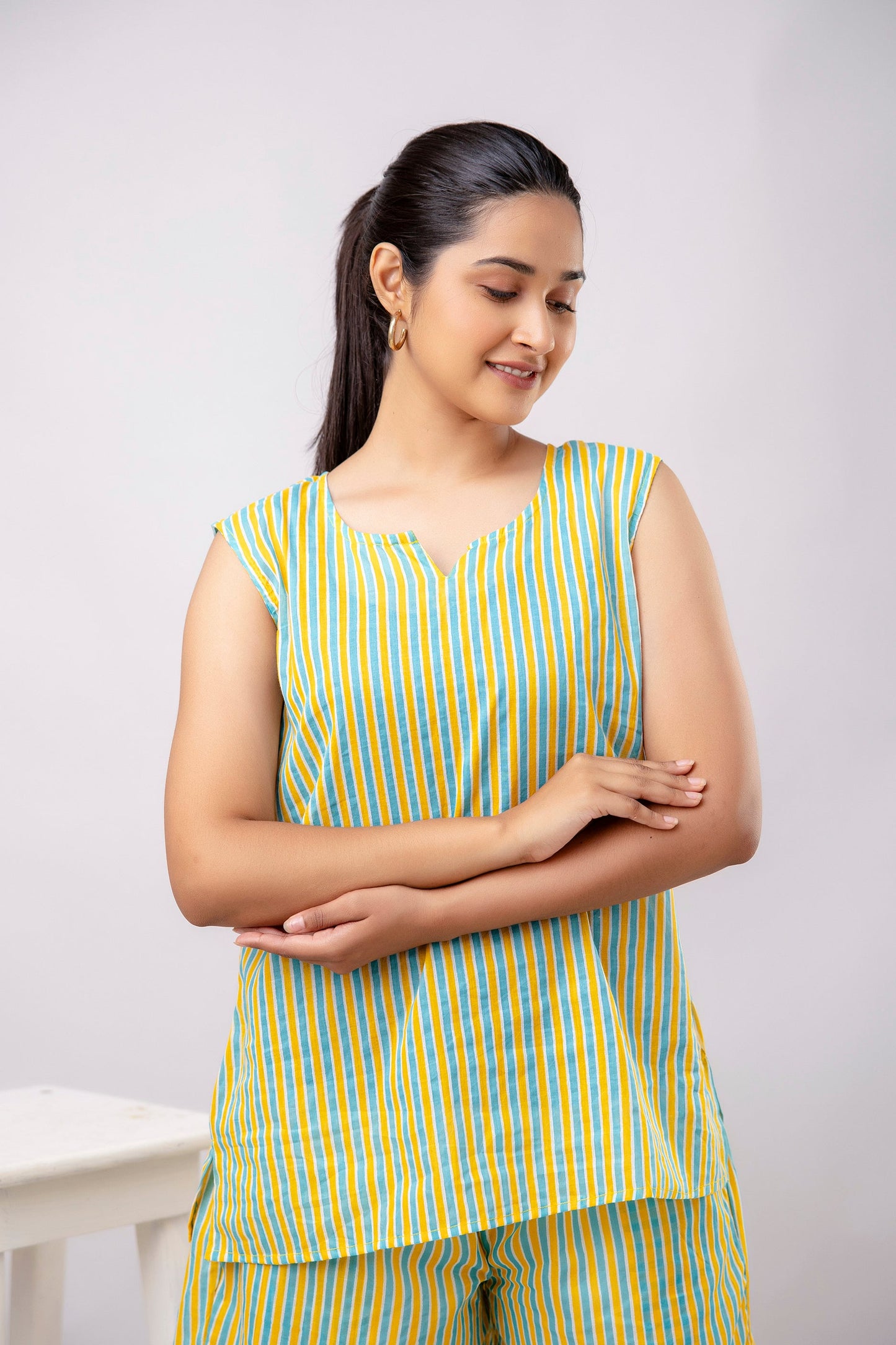 Women Yellow & Sea Green Striped Printed Night Suit SHKY1038