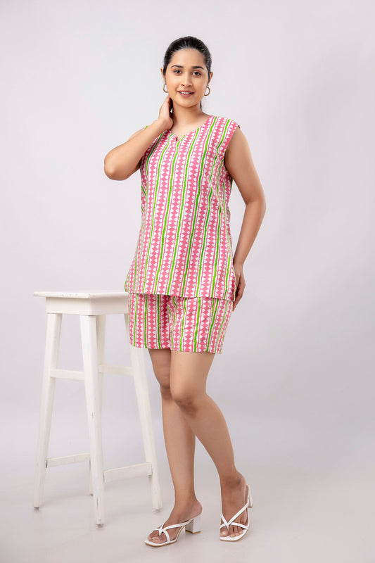 Women Pink &  Green Striped Printed Night Suit SHKY1039