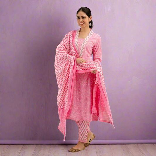 Pink Floral Print with Yoke Design Straight Kurta with Trousers & Dupatta