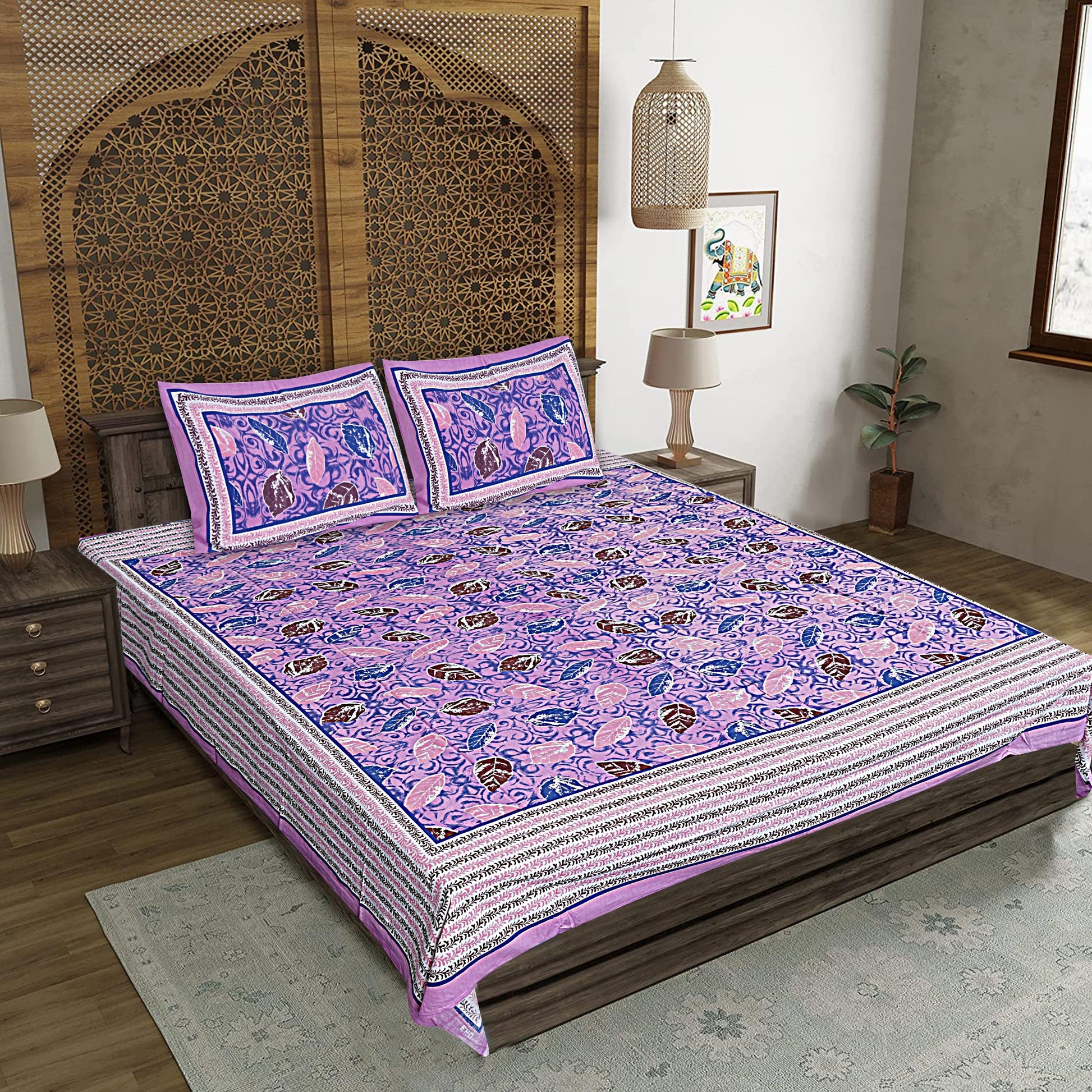 Purple Cotton 240 TC Jaipuri Print Double Bedsheet With 2 Pillow Covers (ADB1379) - Frionkandy