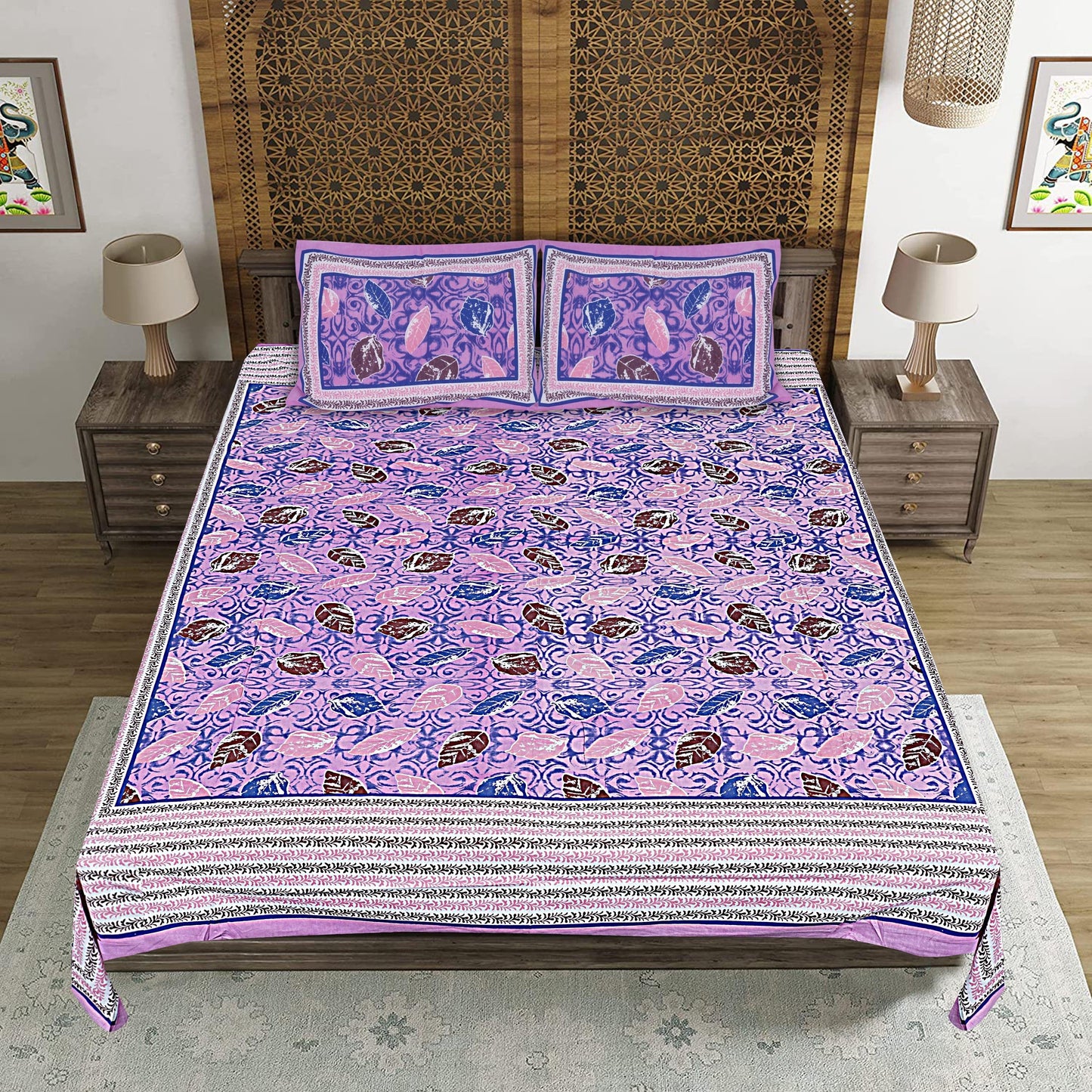 Purple Cotton 240 TC Jaipuri Print Double Bedsheet With 2 Pillow Covers (ADB1379) - Frionkandy