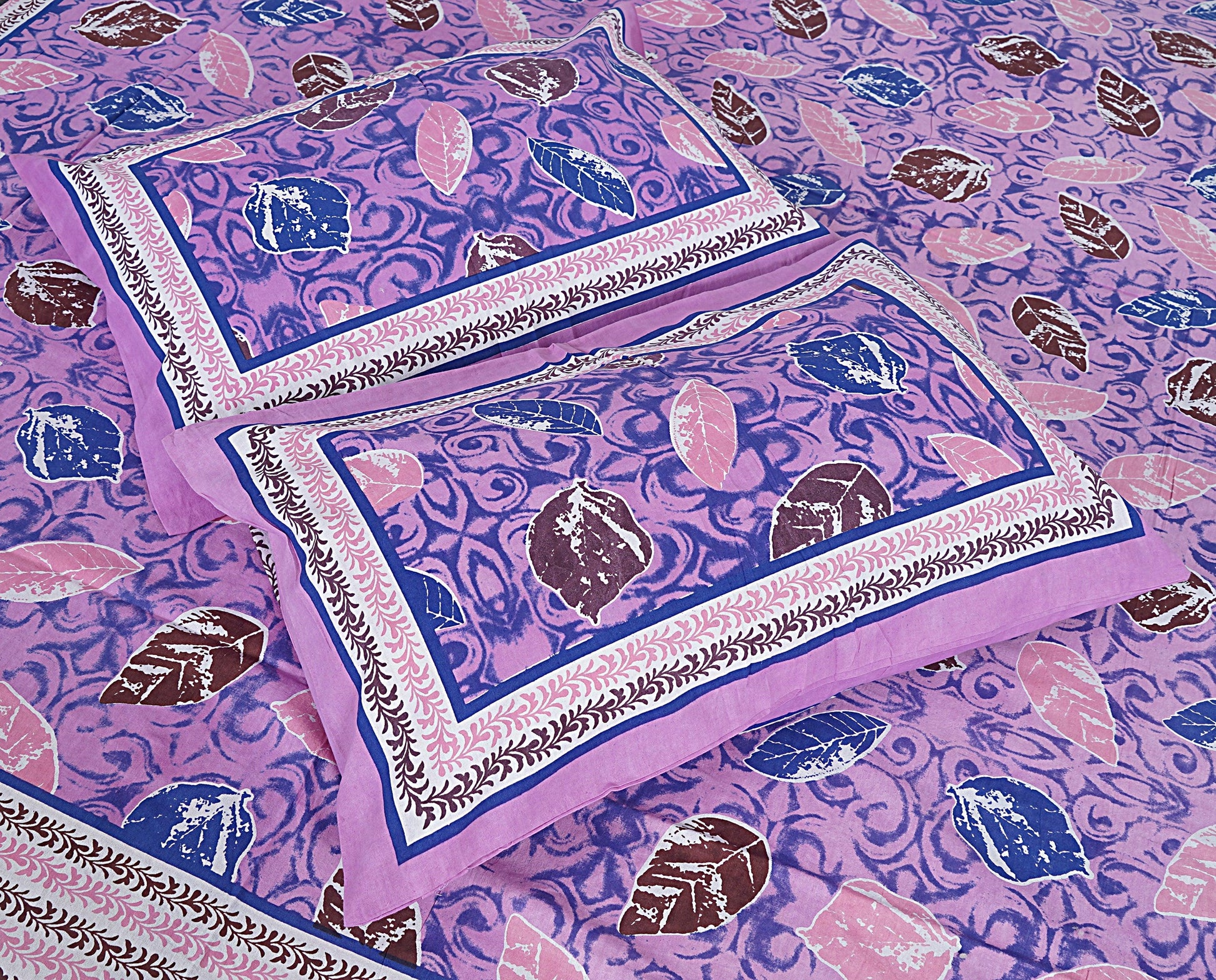 Purple Cotton 240 TC Jaipuri Print Double Bedsheet With 2 Pillow Covers (ADB1379) - Frionkandy