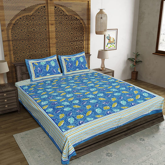 Blue Cotton 240 TC Jaipuri Print Double Bedsheet With 2 Pillow Covers (ADB1380) - Frionkandy