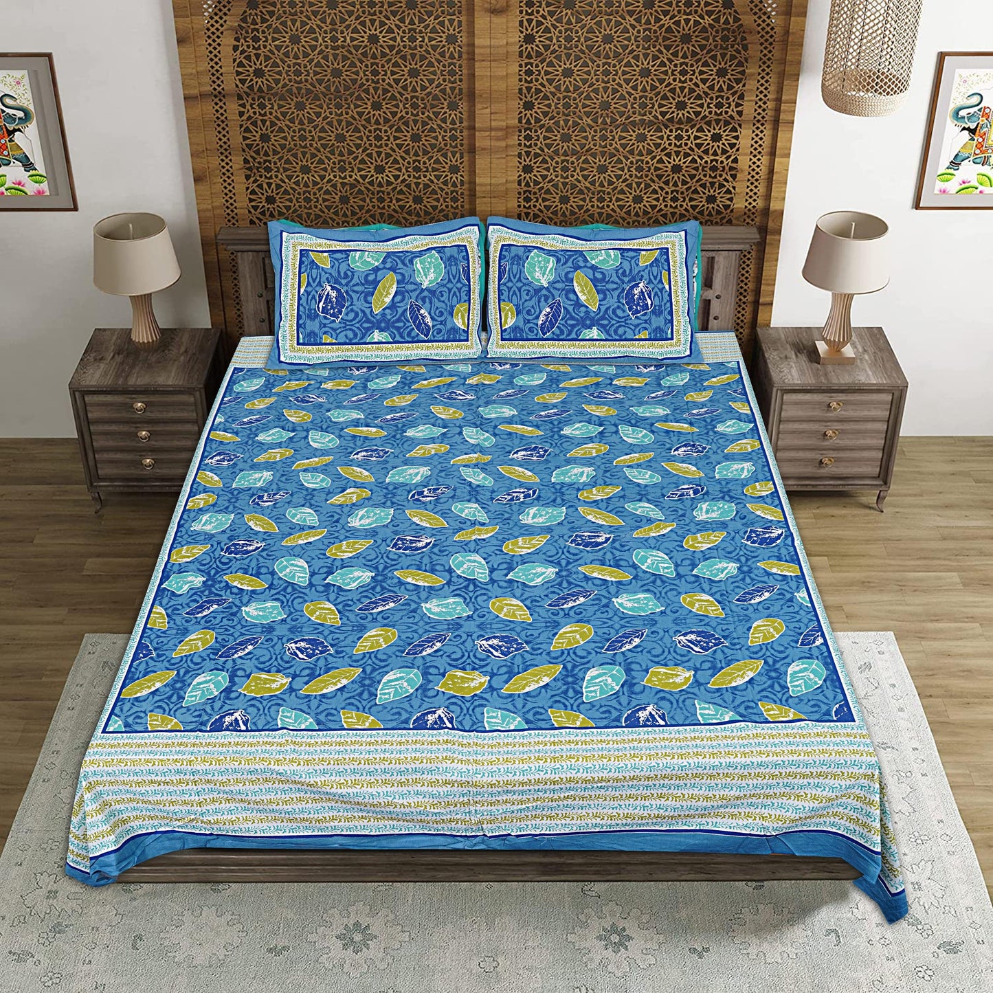 Blue Cotton 240 TC Jaipuri Print Double Bedsheet With 2 Pillow Covers (ADB1380) - Frionkandy