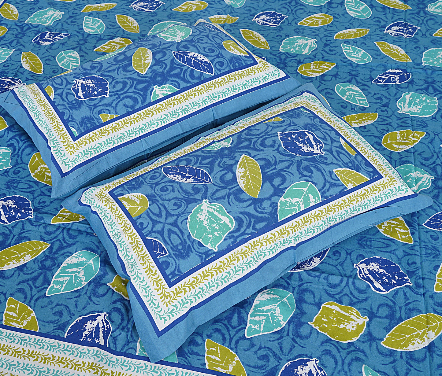 Blue Cotton 240 TC Jaipuri Print Double Bedsheet With 2 Pillow Covers (ADB1380) - Frionkandy