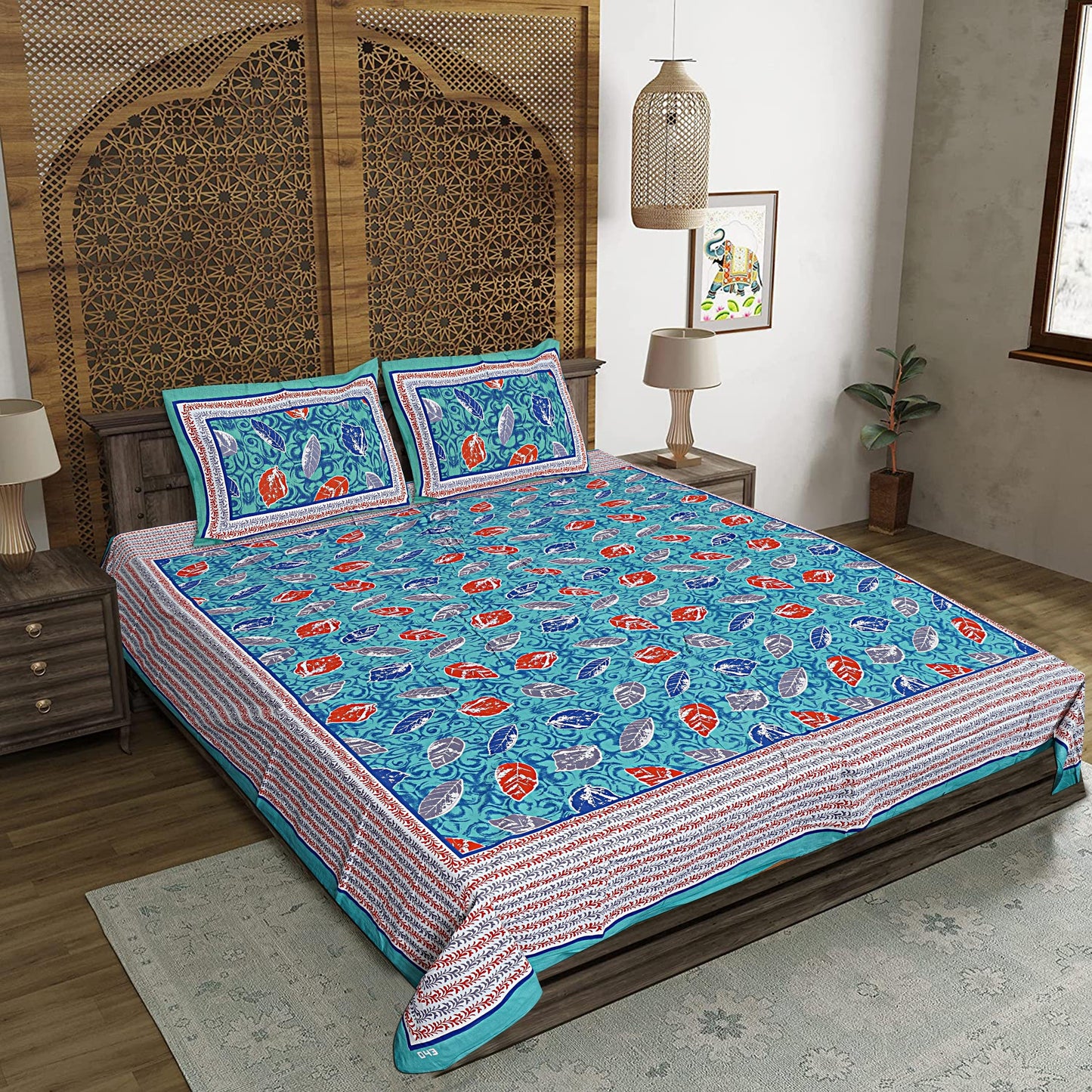 Blue Cotton 240 TC Jaipuri Print Double Bedsheet With 2 Pillow Covers (ADB1381) - Frionkandy