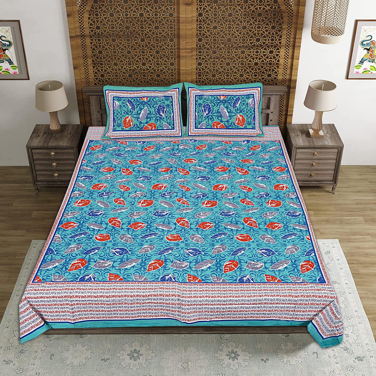 Blue Cotton 240 TC Jaipuri Print Double Bedsheet With 2 Pillow Covers (ADB1381) - Frionkandy