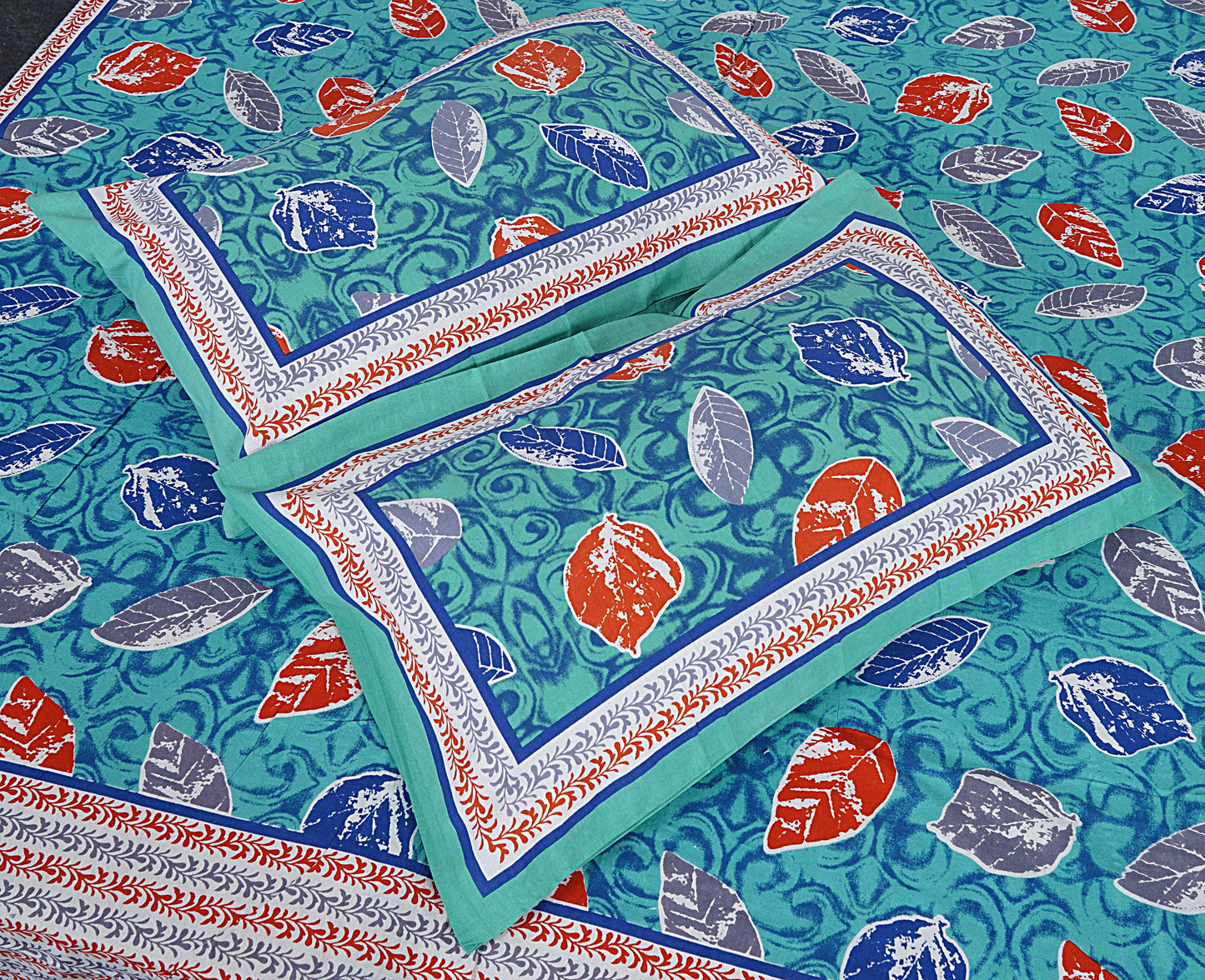 Blue Cotton 240 TC Jaipuri Print Double Bedsheet With 2 Pillow Covers (ADB1381) - Frionkandy