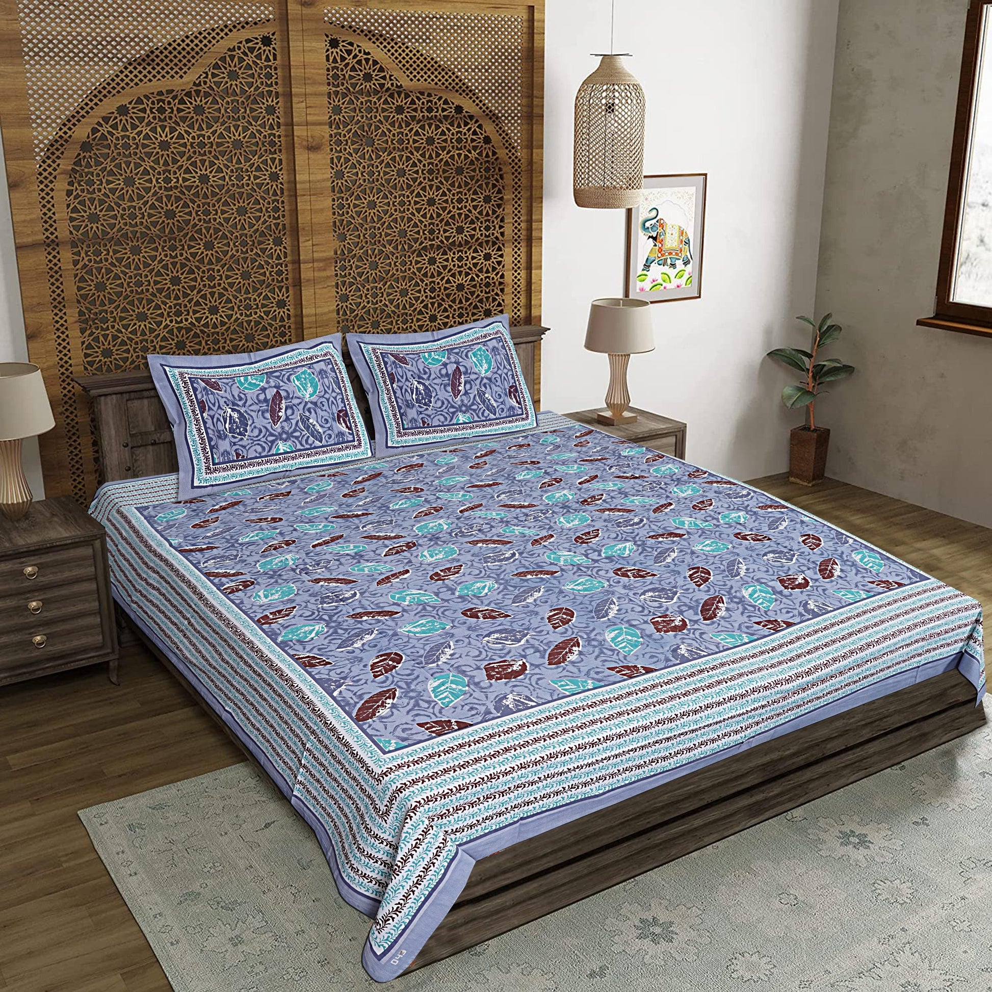 Grey Cotton 240 TC Jaipuri Print Double Bedsheet With 2 Pillow Covers (ADB1382) - Frionkandy