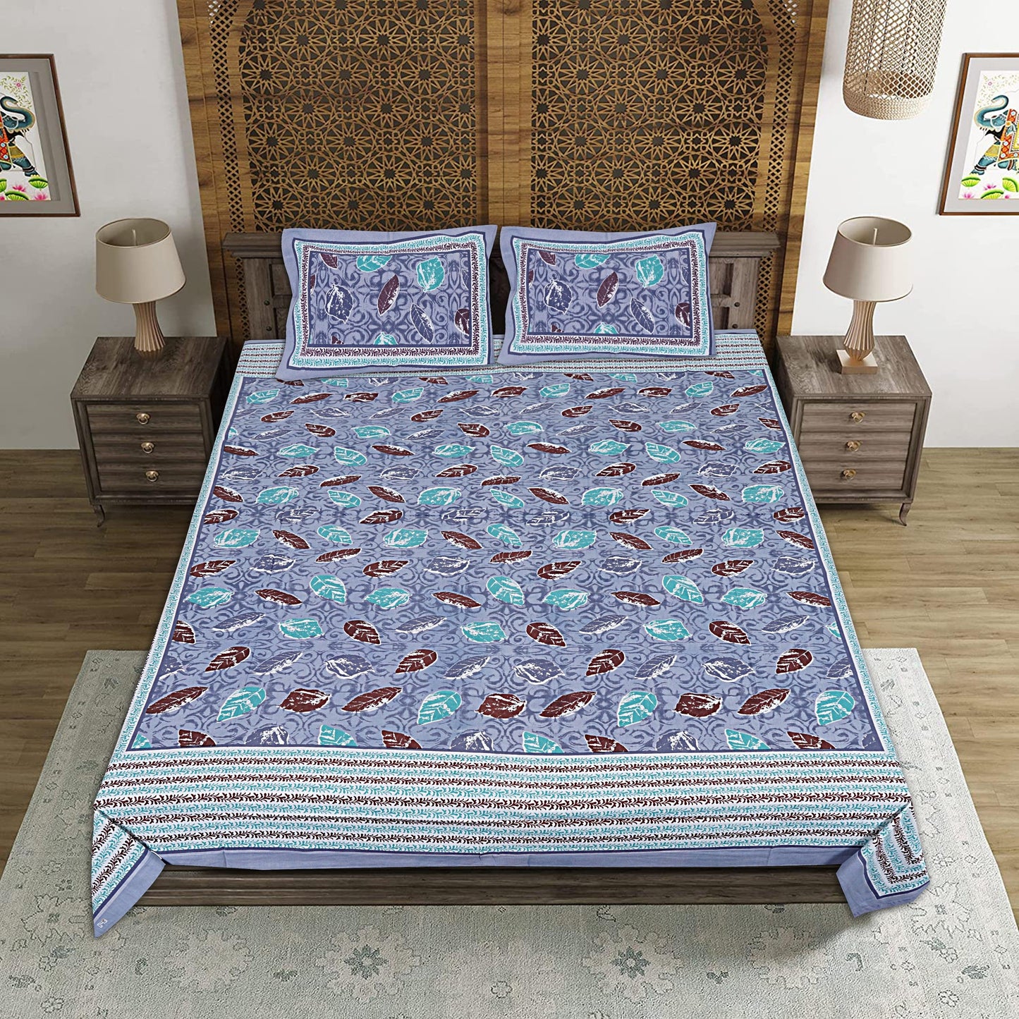 Grey Cotton 240 TC Jaipuri Print Double Bedsheet With 2 Pillow Covers (ADB1382) - Frionkandy