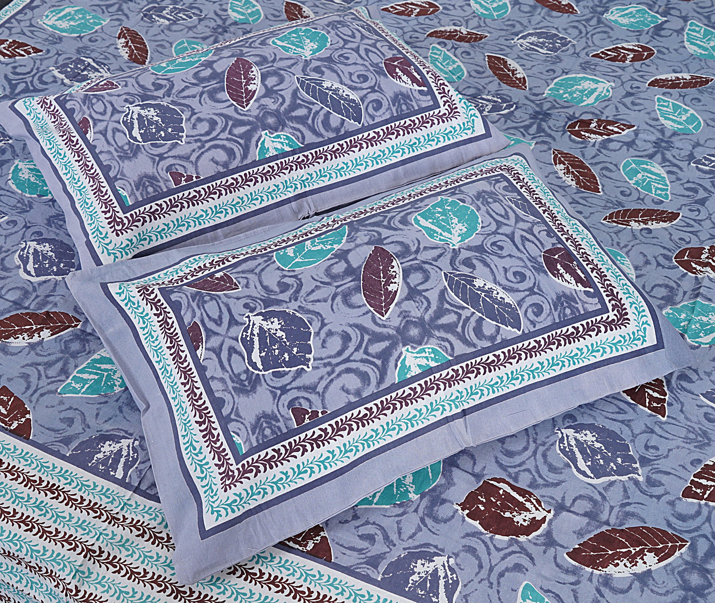 Grey Cotton 240 TC Jaipuri Print Double Bedsheet With 2 Pillow Covers (ADB1382) - Frionkandy