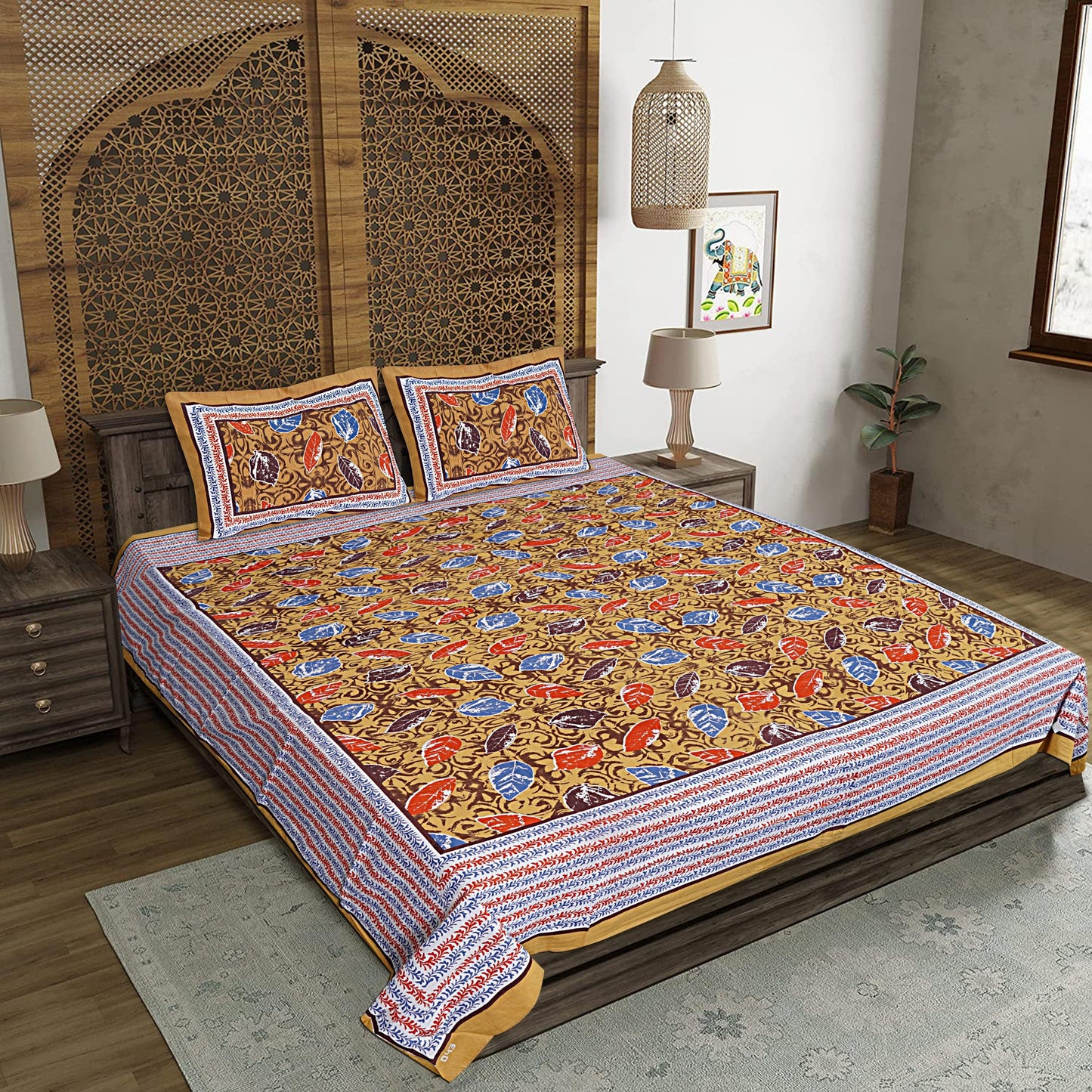 Yellow Cotton 240 TC Jaipuri Print Double Bedsheet With 2 Pillow Covers (ADB1383) - Frionkandy