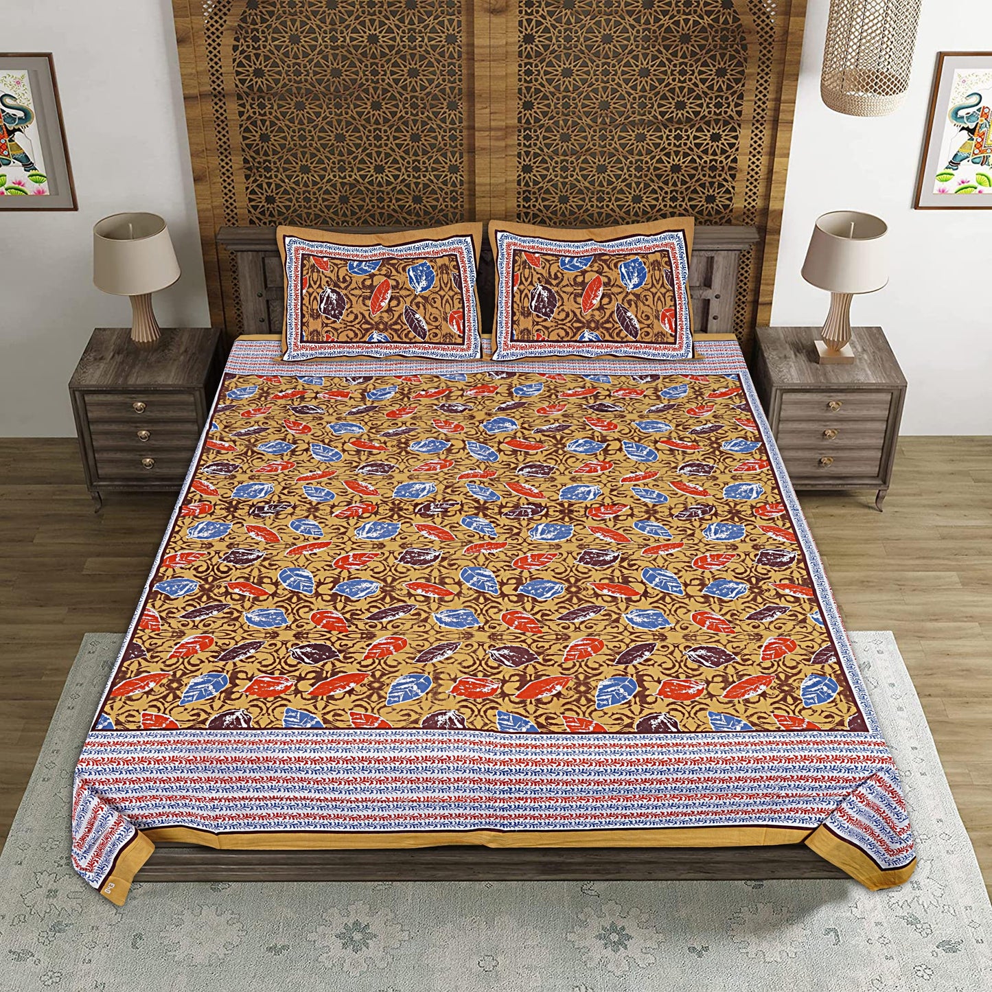 Yellow Cotton 240 TC Jaipuri Print Double Bedsheet With 2 Pillow Covers (ADB1383) - Frionkandy