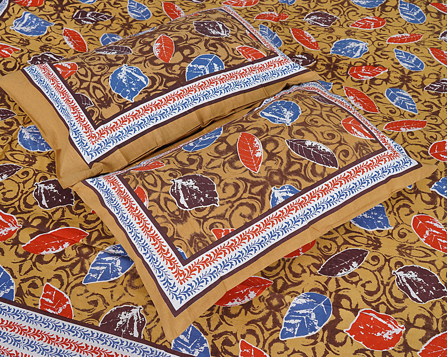 Yellow Cotton 240 TC Jaipuri Print Double Bedsheet With 2 Pillow Covers (ADB1383) - Frionkandy