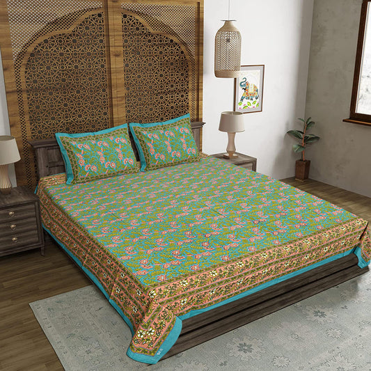 Green Cotton 240 TC Jaipuri Print Double Bedsheet With 2 Pillow Covers (ADB1384) - Frionkandy