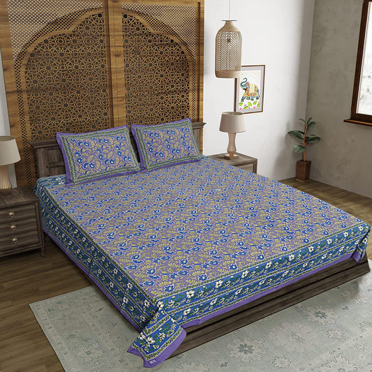 Blue Cotton 240 TC Jaipuri Print Double Bedsheet With 2 Pillow Covers (ADB1385) - Frionkandy