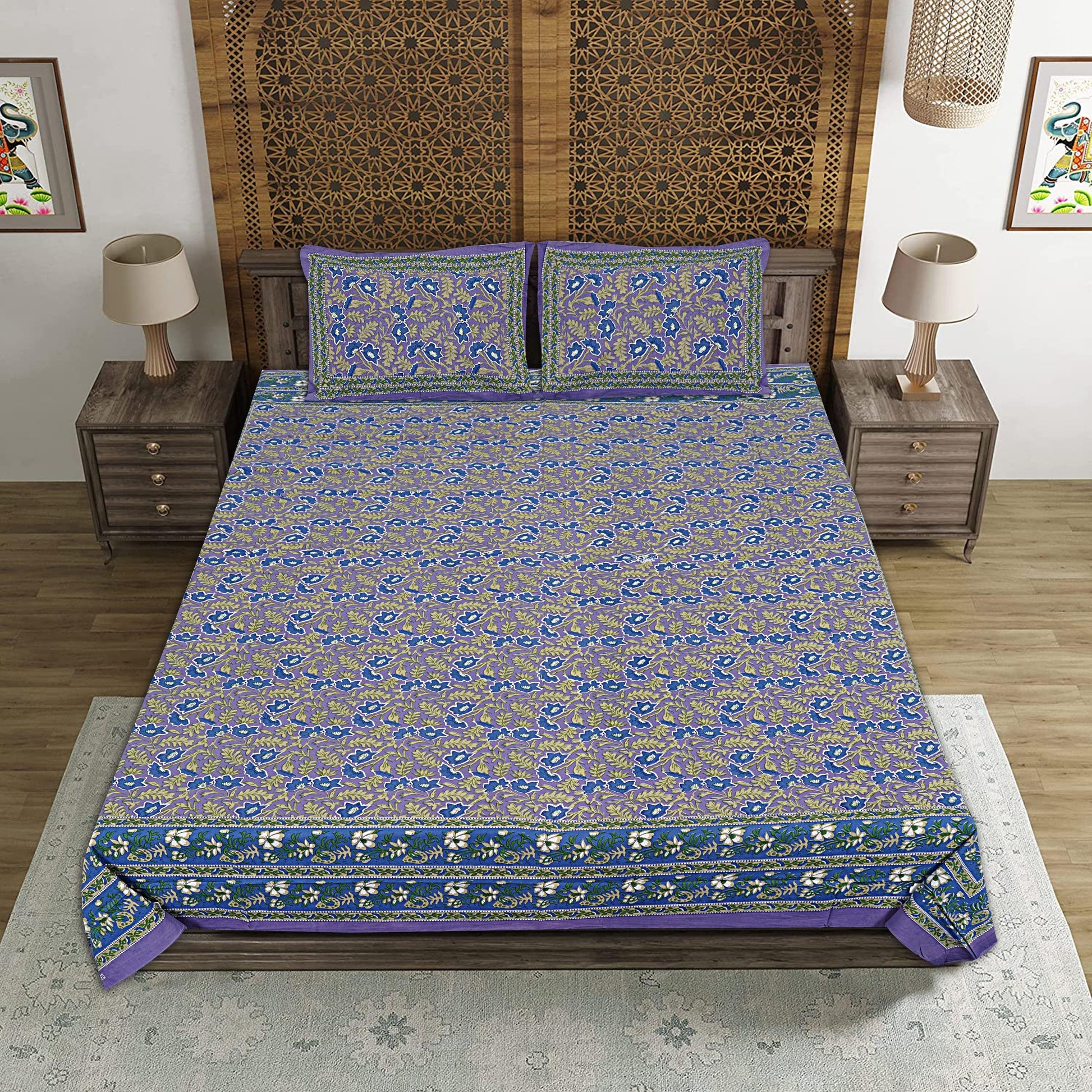 Blue Cotton 240 TC Jaipuri Print Double Bedsheet With 2 Pillow Covers (ADB1385) - Frionkandy