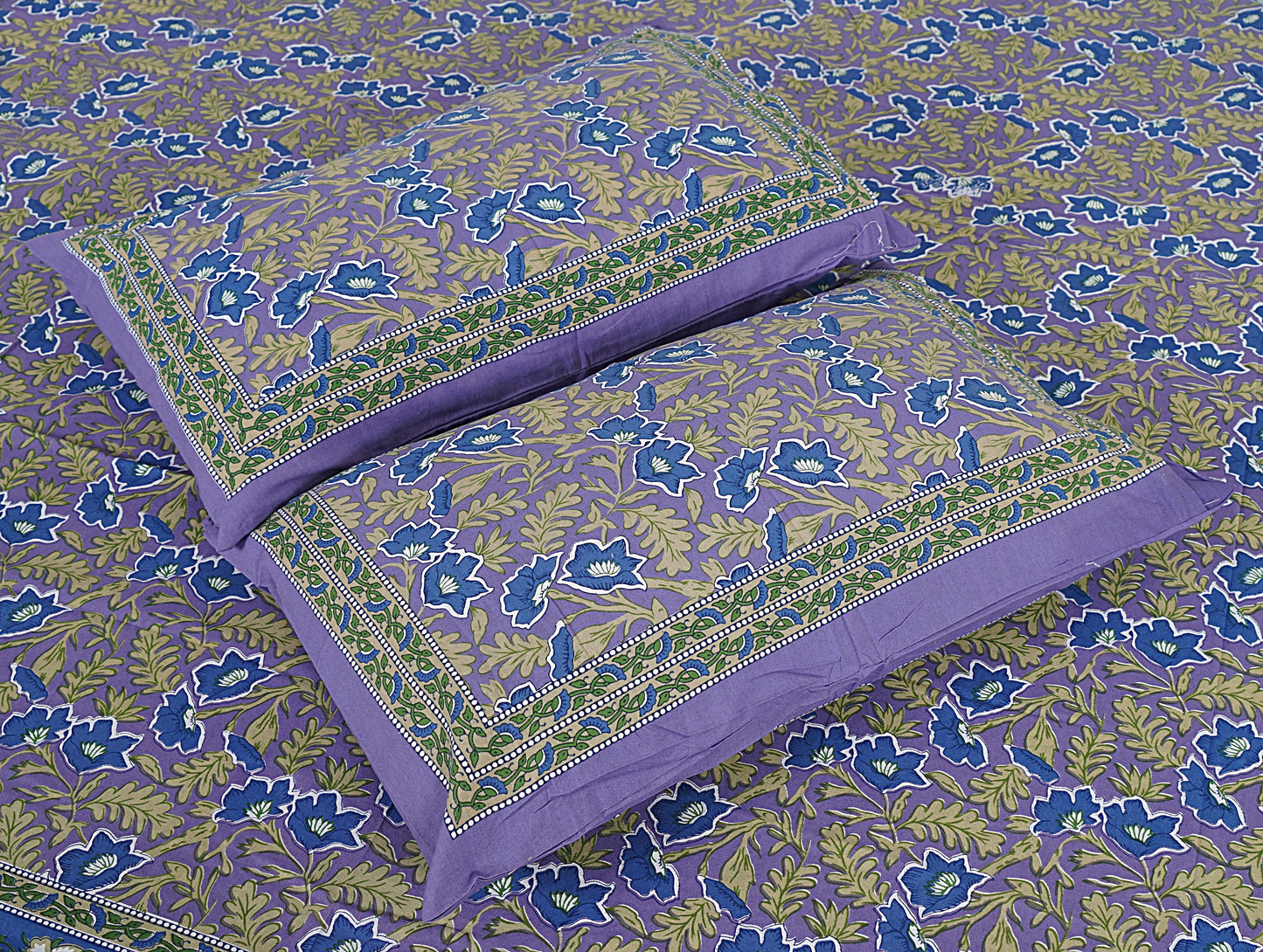 Blue Cotton 240 TC Jaipuri Print Double Bedsheet With 2 Pillow Covers (ADB1385) - Frionkandy