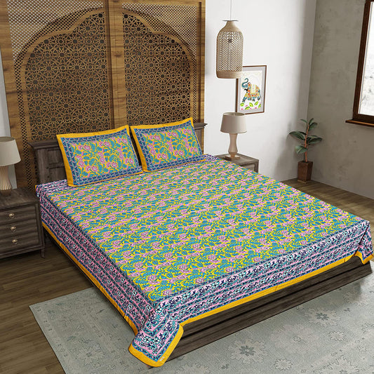 Yellow Cotton 240 TC Jaipuri Print Double Bedsheet With 2 Pillow Covers (ADB1386) - Frionkandy