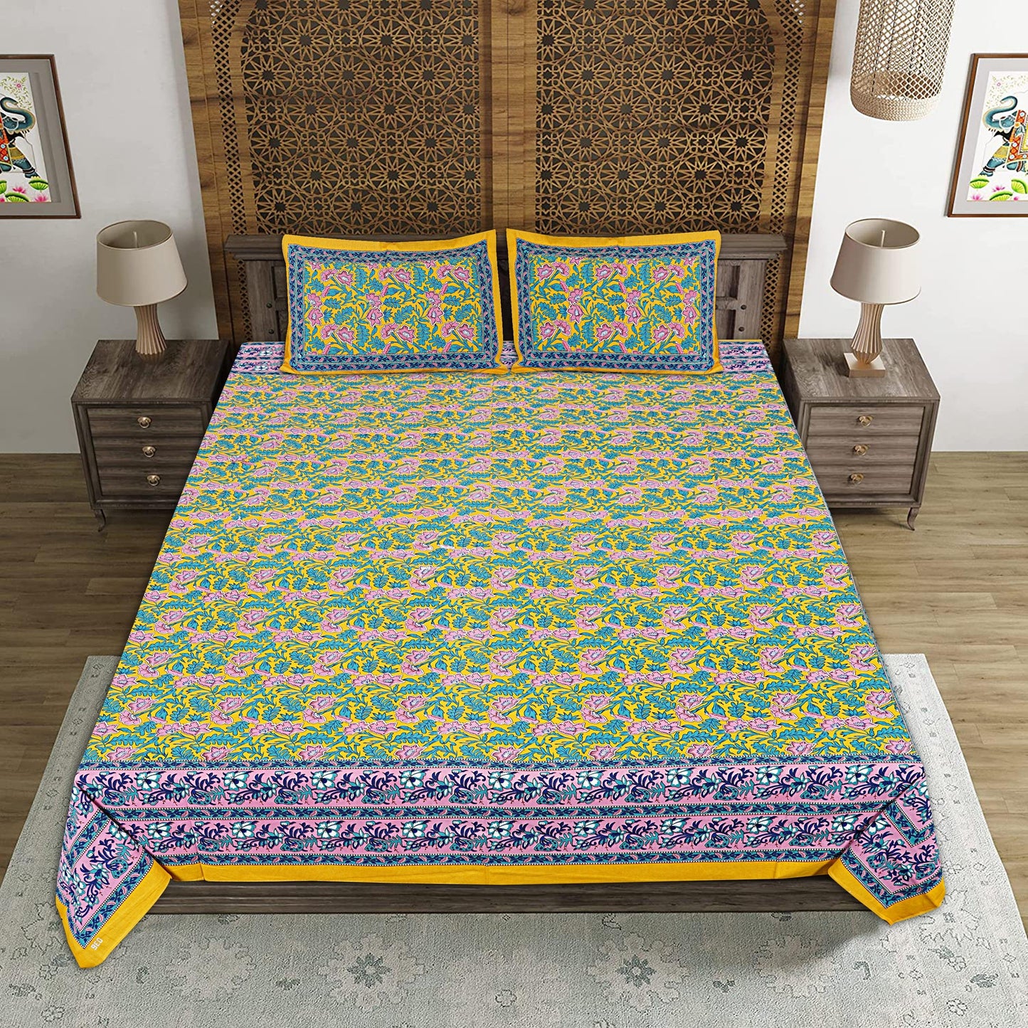 Yellow Cotton 240 TC Jaipuri Print Double Bedsheet With 2 Pillow Covers (ADB1386) - Frionkandy