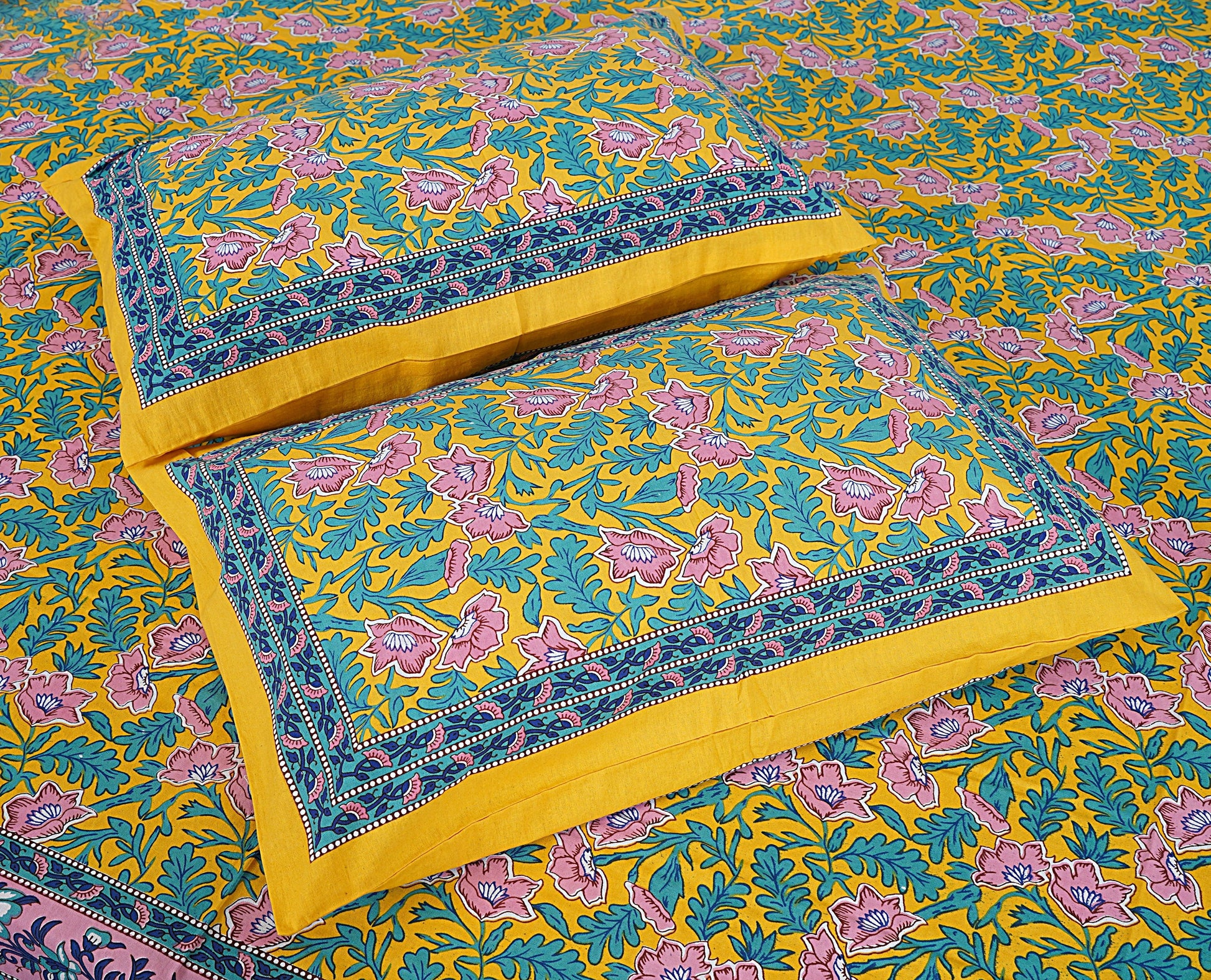 Yellow Cotton 240 TC Jaipuri Print Double Bedsheet With 2 Pillow Covers (ADB1386) - Frionkandy