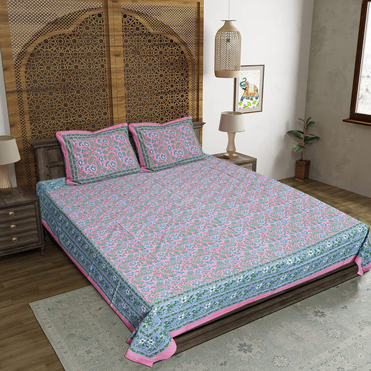 Pink Cotton 240 TC Jaipuri Print Double Bedsheet With 2 Pillow Covers (ADB1387) - Frionkandy