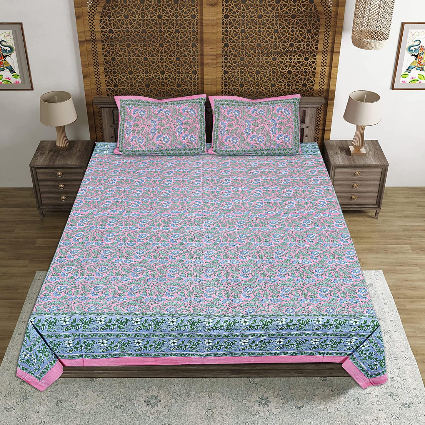 Pink Cotton 240 TC Jaipuri Print Double Bedsheet With 2 Pillow Covers (ADB1387) - Frionkandy