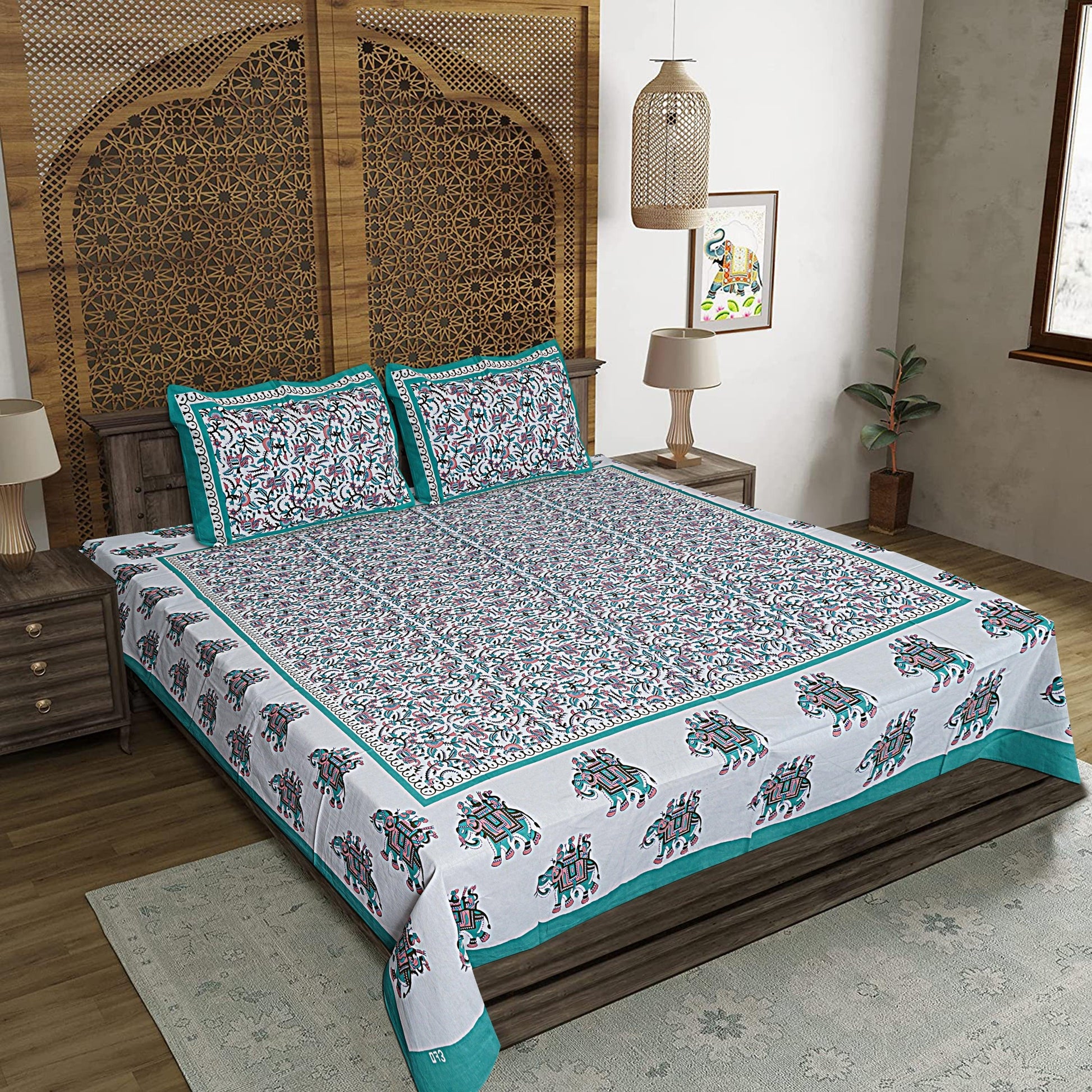 Blue Cotton 240 TC Jaipuri Print Double Bedsheet With 2 Pillow Covers (ADB1388) - Frionkandy