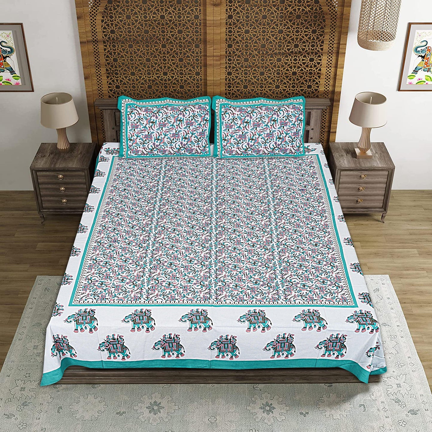 Blue Cotton 240 TC Jaipuri Print Double Bedsheet With 2 Pillow Covers (ADB1388) - Frionkandy