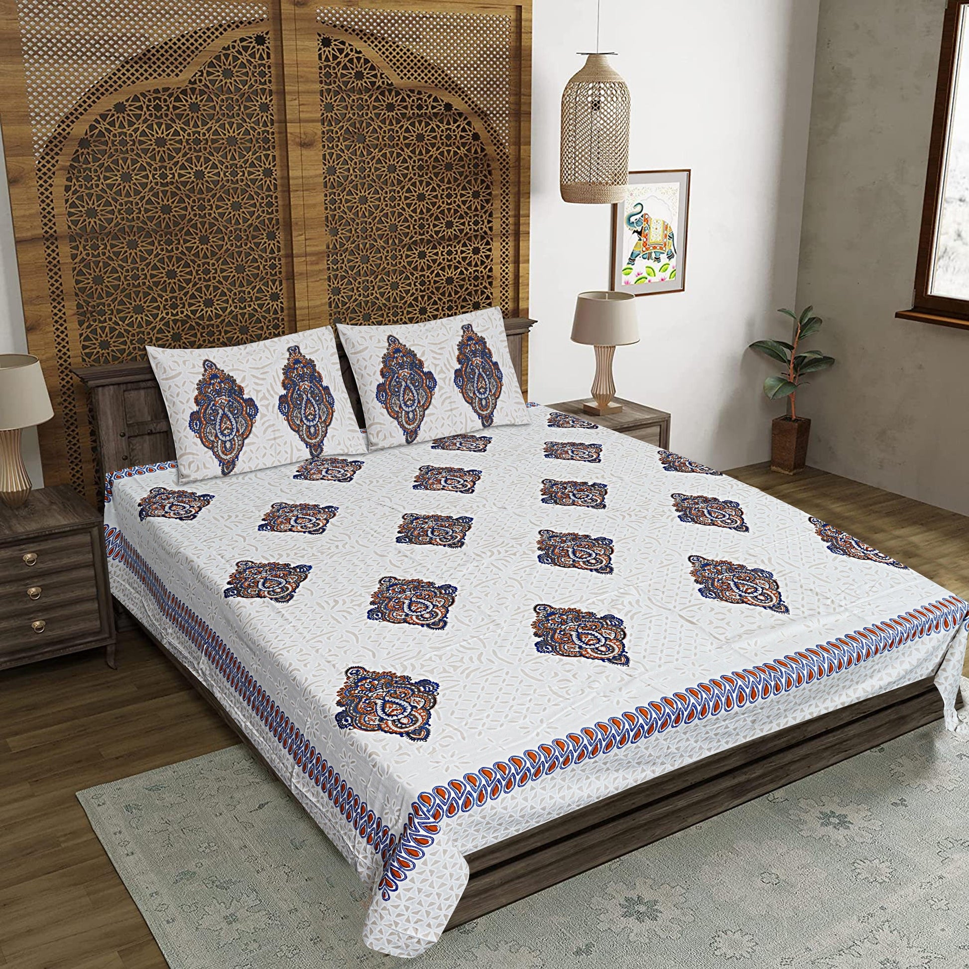 White Cotton 240 TC Jaipuri Print Double Bedsheet With 2 Pillow Covers (ADB1389) - Frionkandy