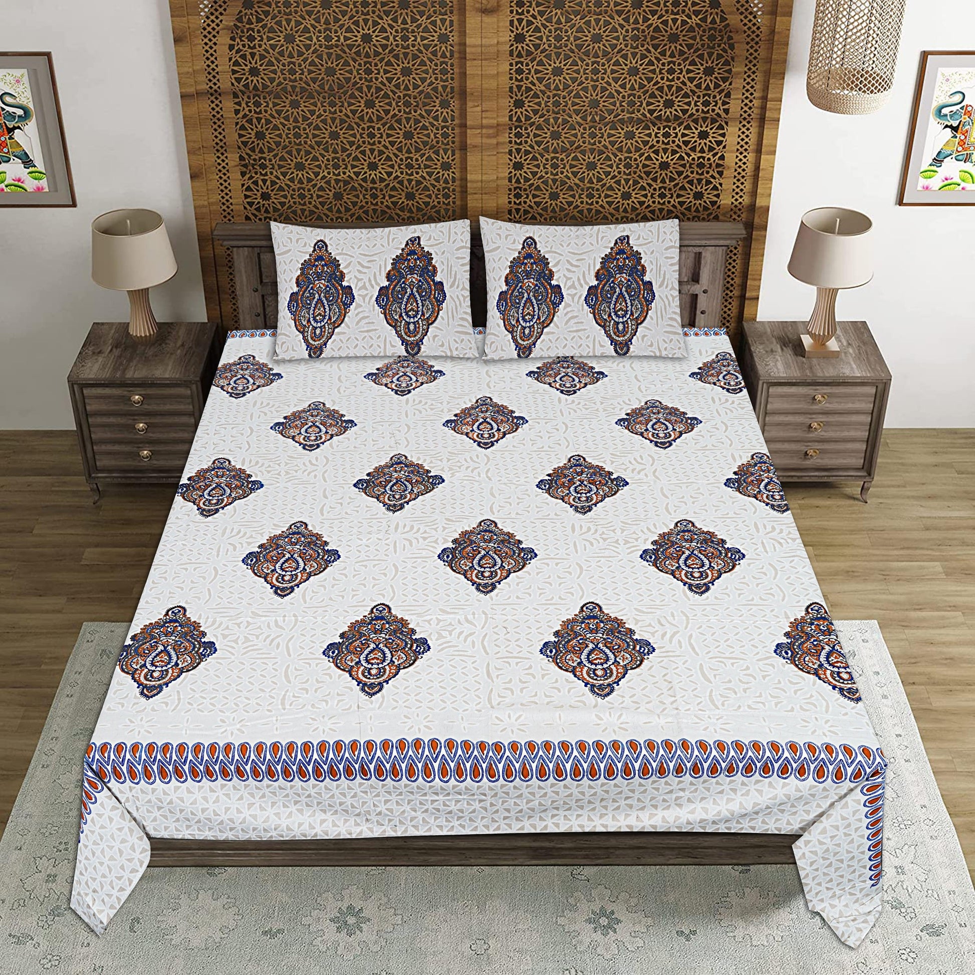 White Cotton 240 TC Jaipuri Print Double Bedsheet With 2 Pillow Covers (ADB1389) - Frionkandy