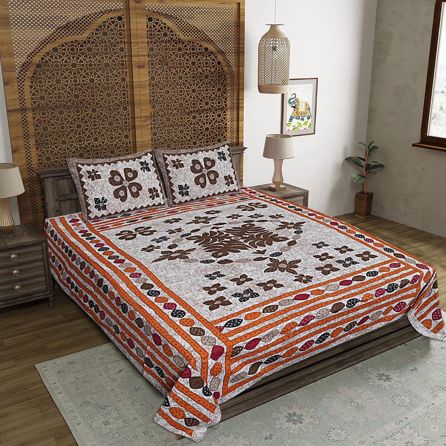 Multicolor Cotton 240 TC Jaipuri Print Double Bedsheet With 2 Pillow Covers (ADB1390) - Frionkandy