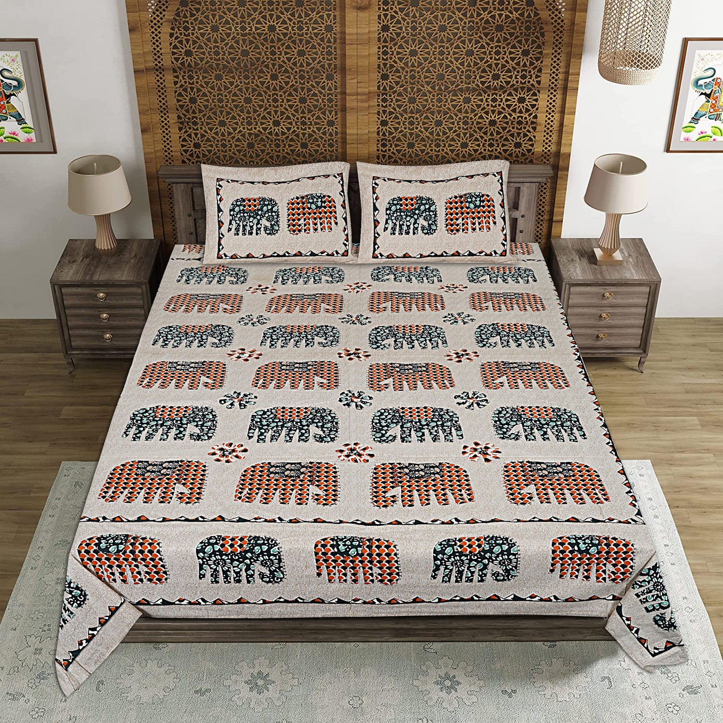 Multicolor Cotton 240 TC Jaipuri Print Double Bedsheet With 2 Pillow Covers (ADB1391) - Frionkandy