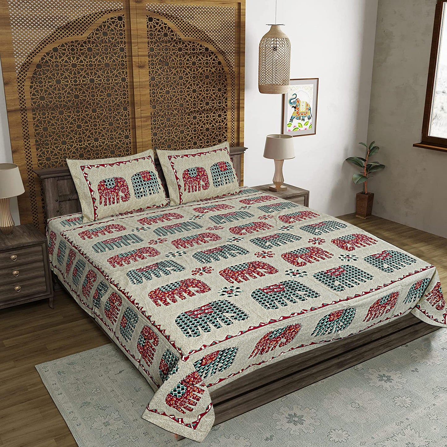 Multicolor Cotton 240 TC Jaipuri Print Double Bedsheet With 2 Pillow Covers (ADB1392) - Frionkandy