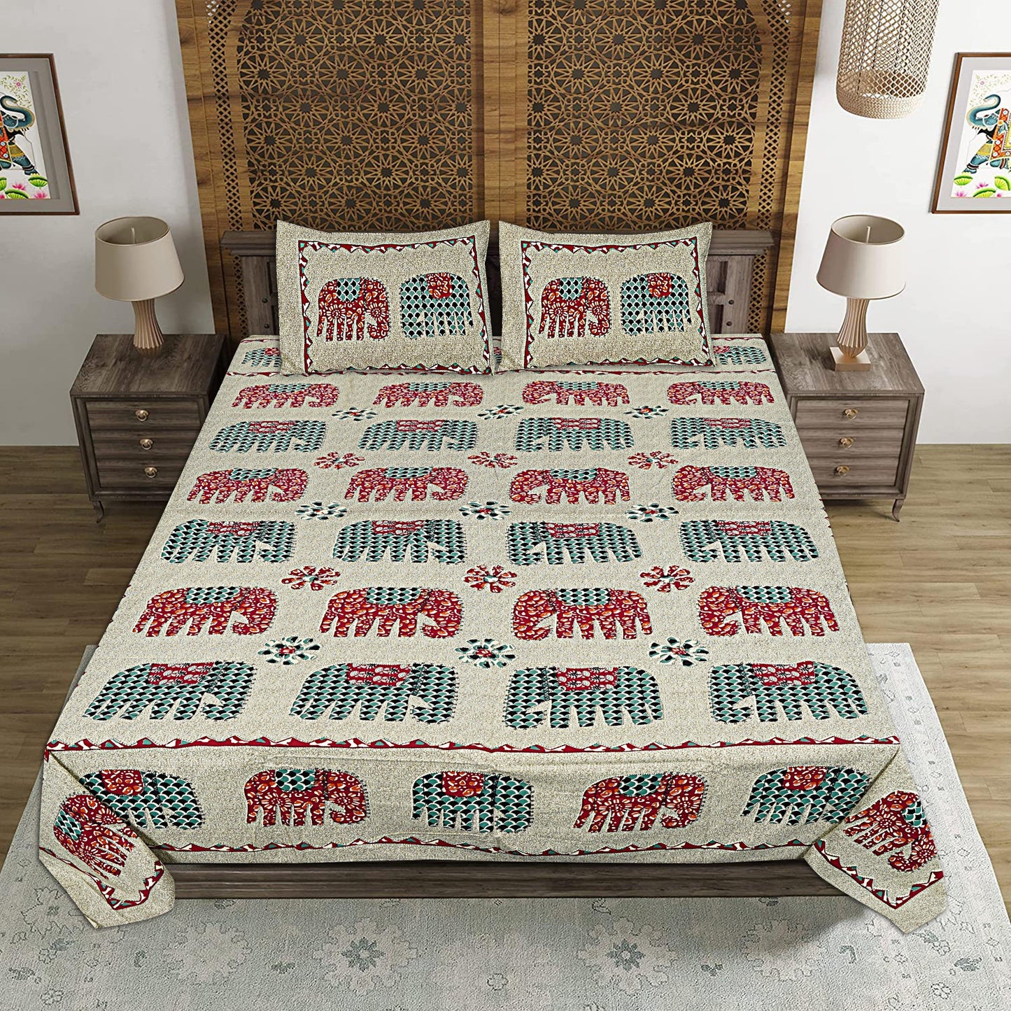 Multicolor Cotton 240 TC Jaipuri Print Double Bedsheet With 2 Pillow Covers (ADB1392) - Frionkandy