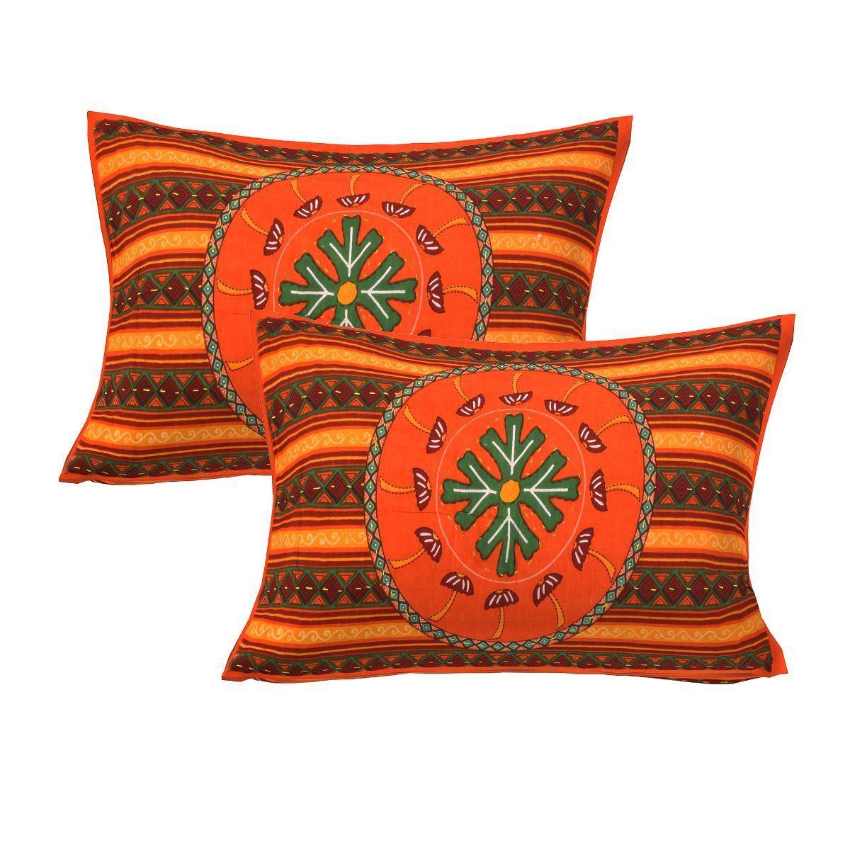 Orange Kantha Hand Work 240 TC Cotton Double Bed Sheet With 2 Pillow Covers (AKDB1001) - Frionkandy