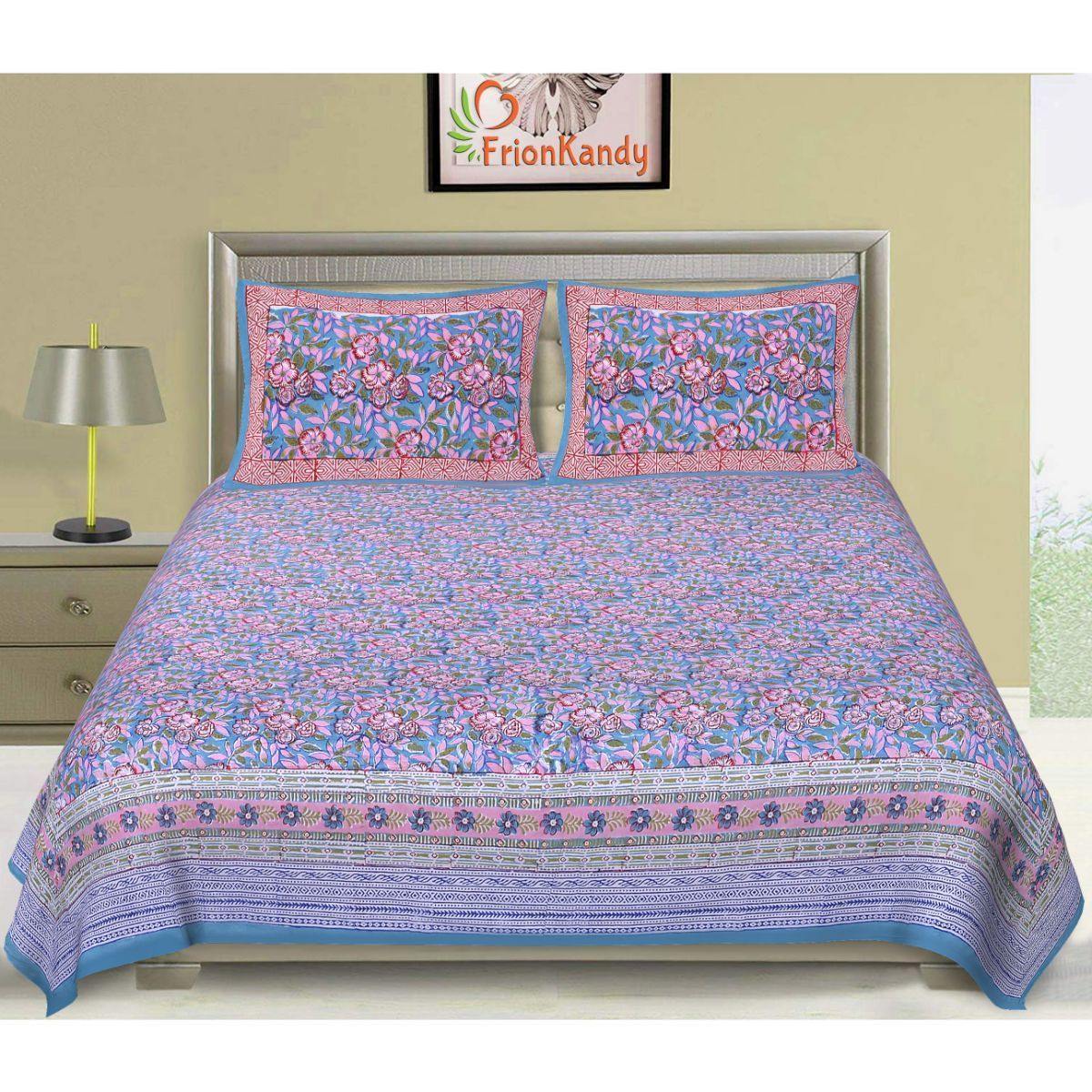 Purple Jaipuri Hand Block Print 240 TC Cotton Super King Size Double Bed Sheet with 2 Pillow Covers (ALDB1001) - Frionkandy