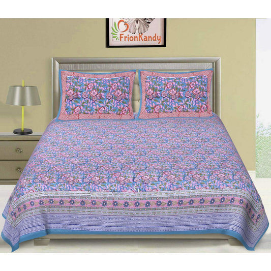 Purple Jaipuri Hand Block Print 240 TC Cotton Super King Size Double Bed Sheet with 2 Pillow Covers (ALDB1001) - Frionkandy