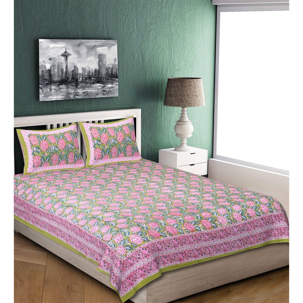 Green Jaipuri Hand Block Print 240 TC Cotton Super King Size Double Bed Sheet with 2 Pillow Covers (ALDB1002) - Frionkandy