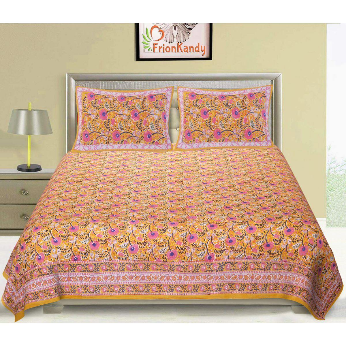 Yellow Jaipuri Hand Block Print 240 TC Cotton Super King Size Double Bed Sheet with 2 Pillow Covers (ALDB1003) - Frionkandy