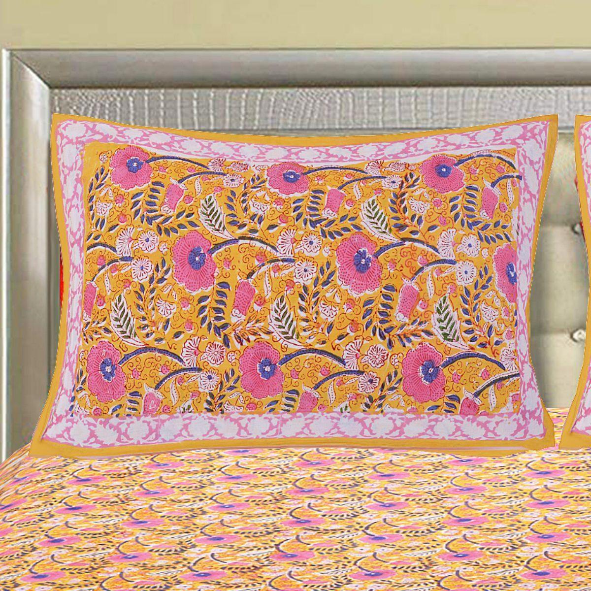 Yellow Jaipuri Hand Block Print 240 TC Cotton Super King Size Double Bed Sheet with 2 Pillow Covers (ALDB1003) - Frionkandy