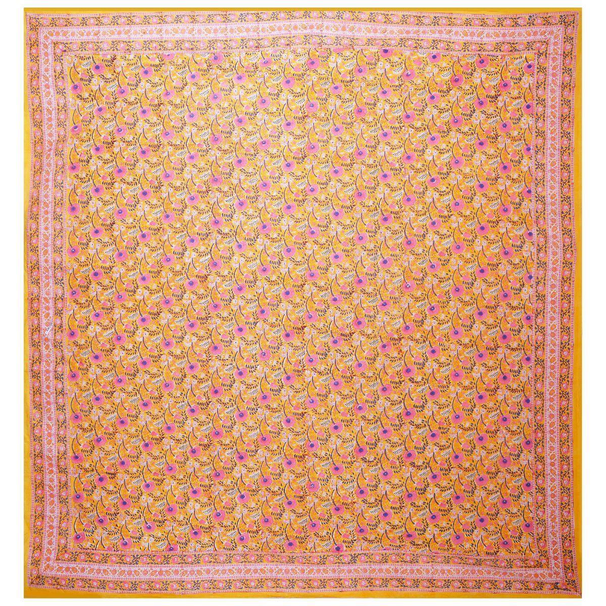 Yellow Jaipuri Hand Block Print 240 TC Cotton Super King Size Double Bed Sheet with 2 Pillow Covers (ALDB1003) - Frionkandy