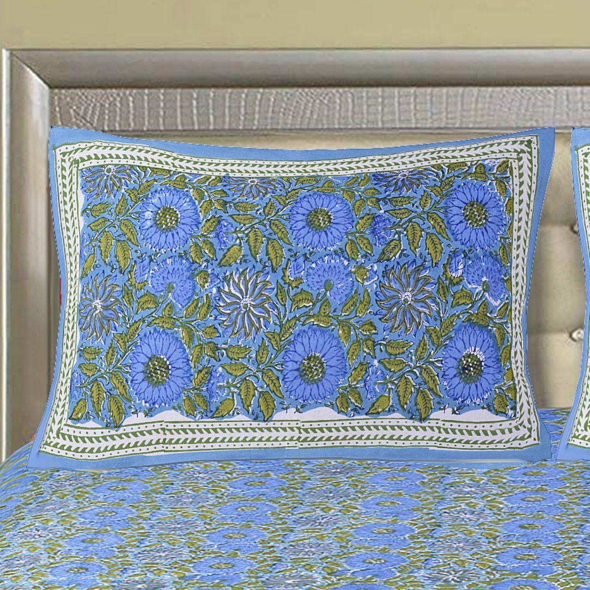 Blue Jaipuri Hand Block Print 240 TC Cotton Super King Size Double Bed Sheet with 2 Pillow Covers (ALDB1004) - Frionkandy