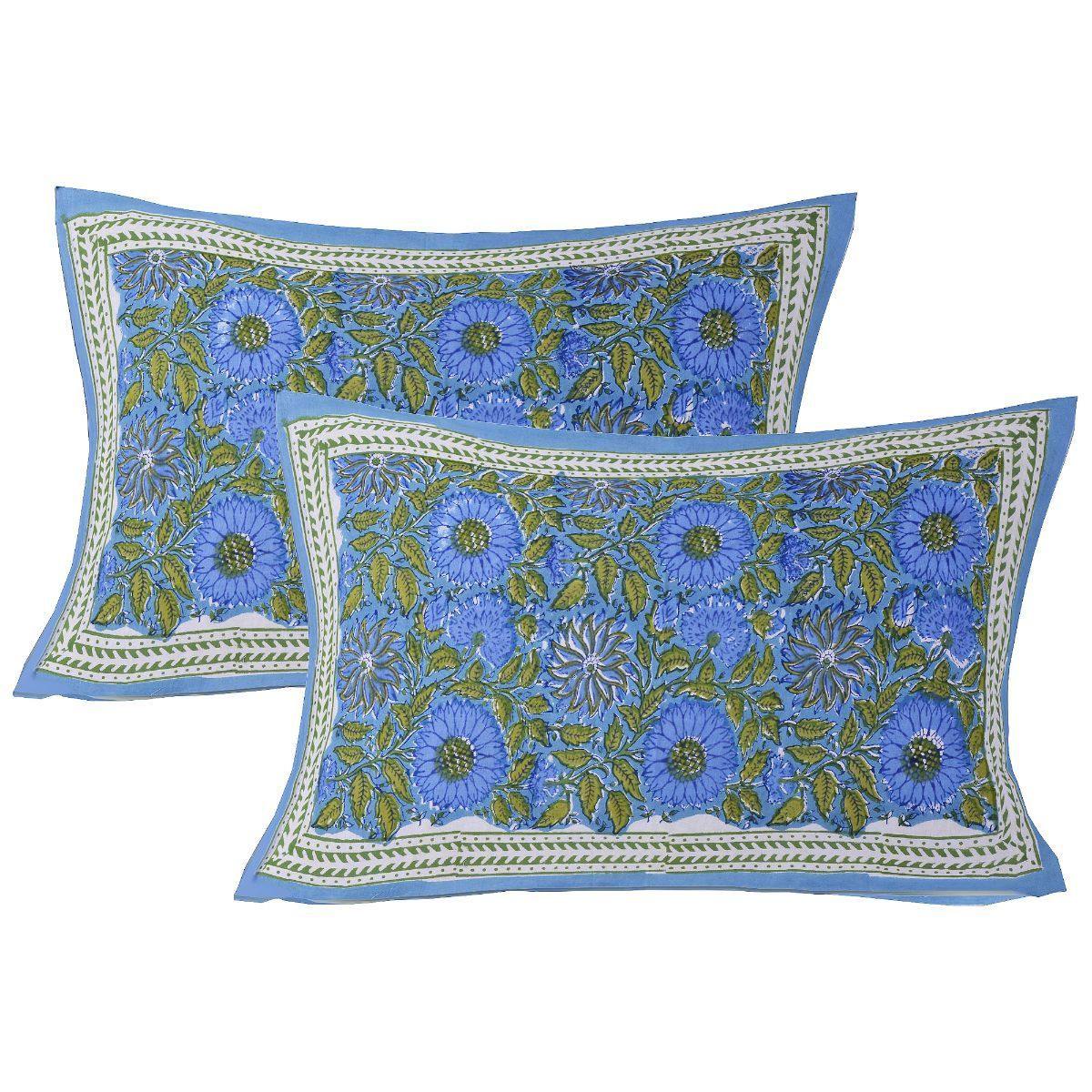 Blue Jaipuri Hand Block Print 240 TC Cotton Super King Size Double Bed Sheet with 2 Pillow Covers (ALDB1004) - Frionkandy