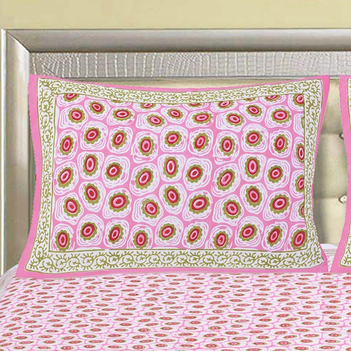 Pink Jaipuri Hand Block Print 240 TC Cotton Super King Size Double Bed Sheet with 2 Pillow Covers (ALDB1005) - Frionkandy