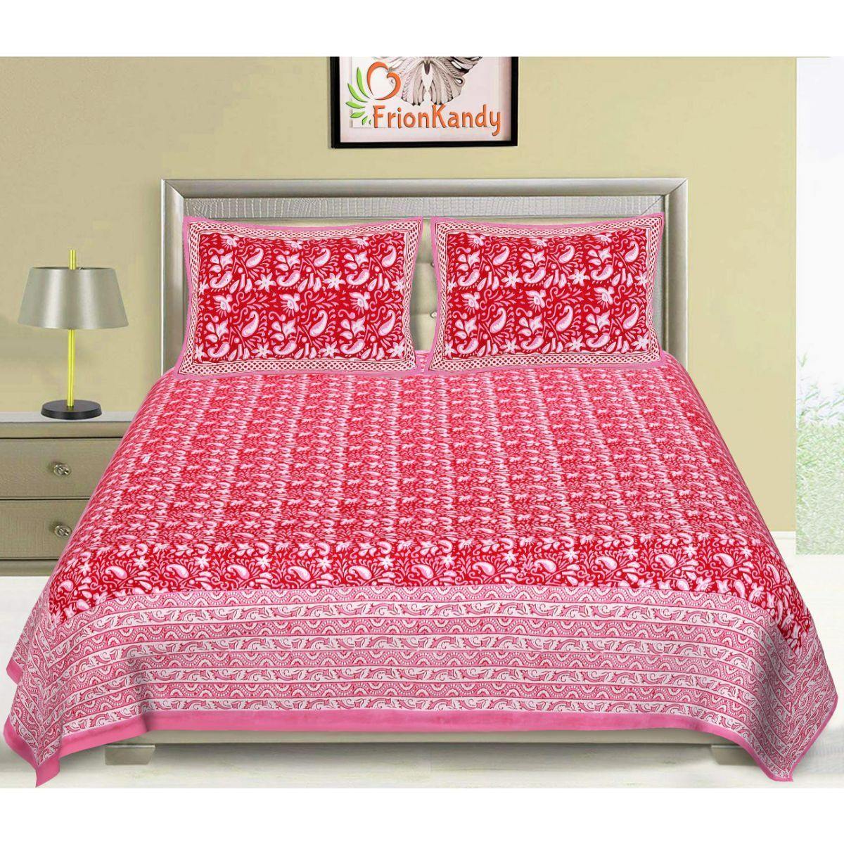 Pink Jaipuri Hand Block Print 240 TC Cotton Super King Size Double Bed Sheet with 2 Pillow Covers (ALDB1006) - Frionkandy