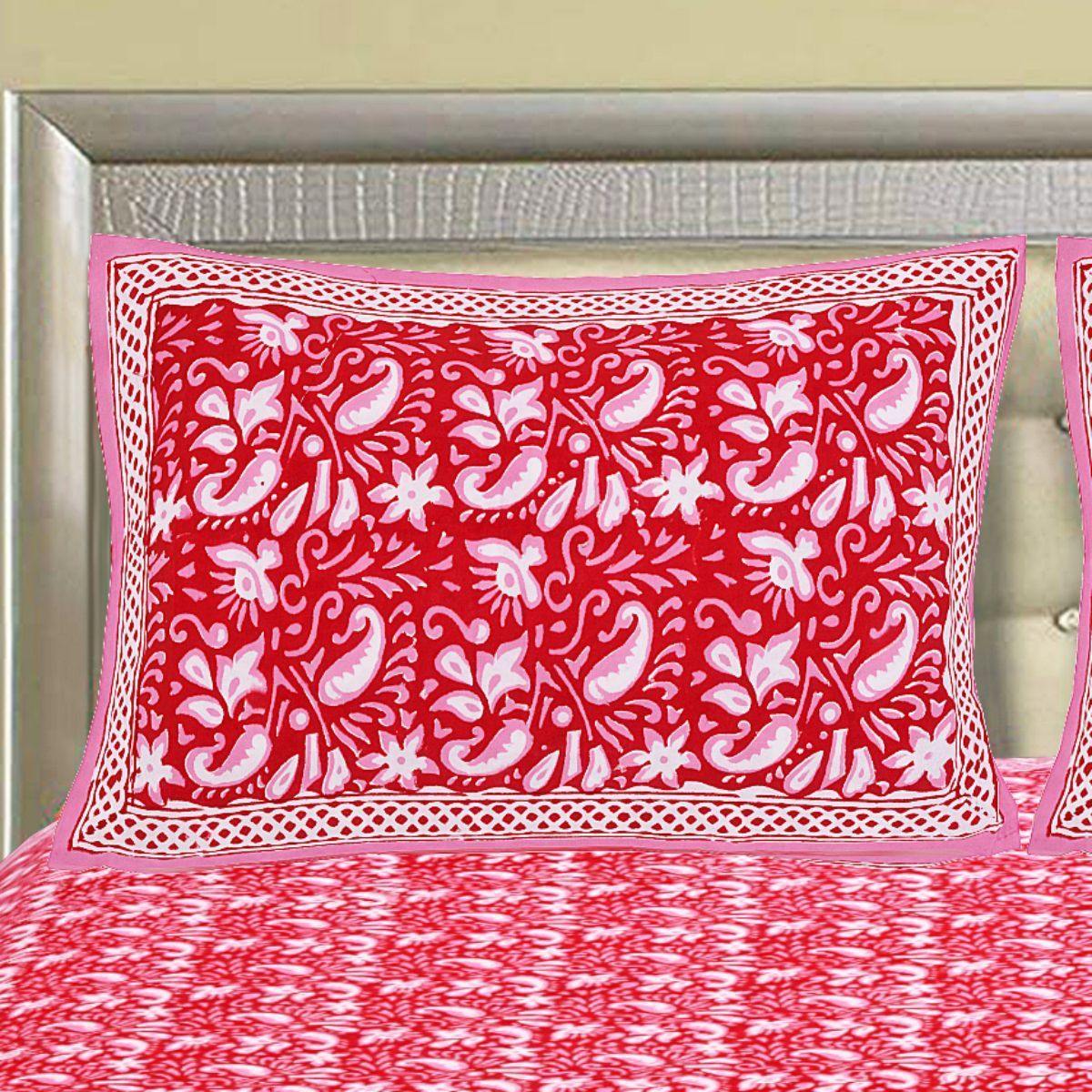 Pink Jaipuri Hand Block Print 240 TC Cotton Super King Size Double Bed Sheet with 2 Pillow Covers (ALDB1006) - Frionkandy