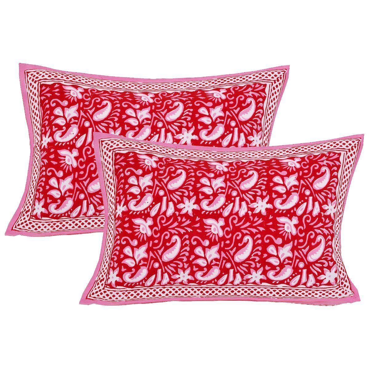 Pink Jaipuri Hand Block Print 240 TC Cotton Super King Size Double Bed Sheet with 2 Pillow Covers (ALDB1006) - Frionkandy