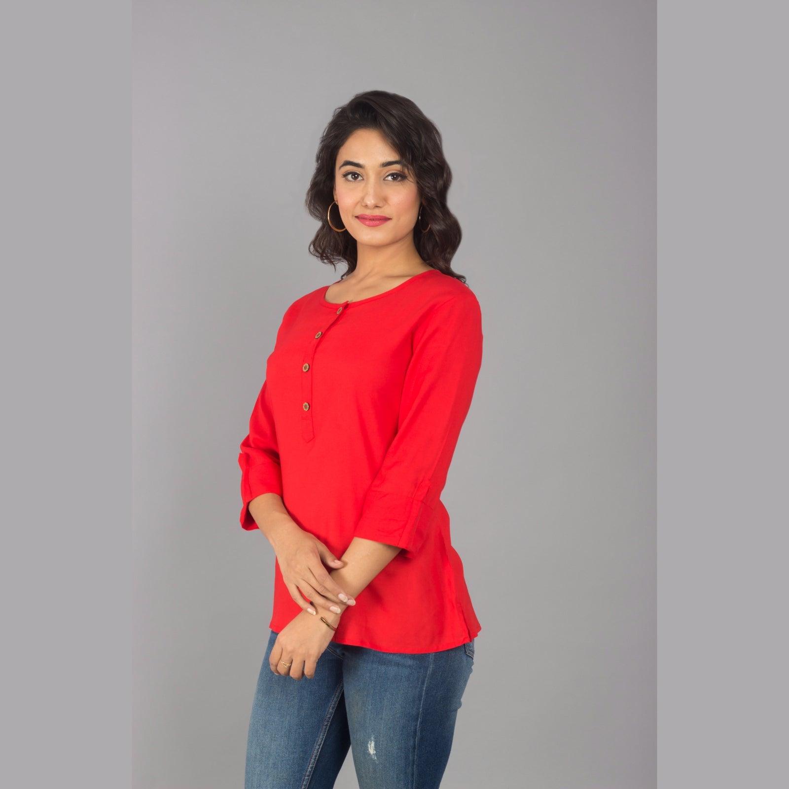 Rayon Red Solid Round Neck Casual Top - Frionkandy