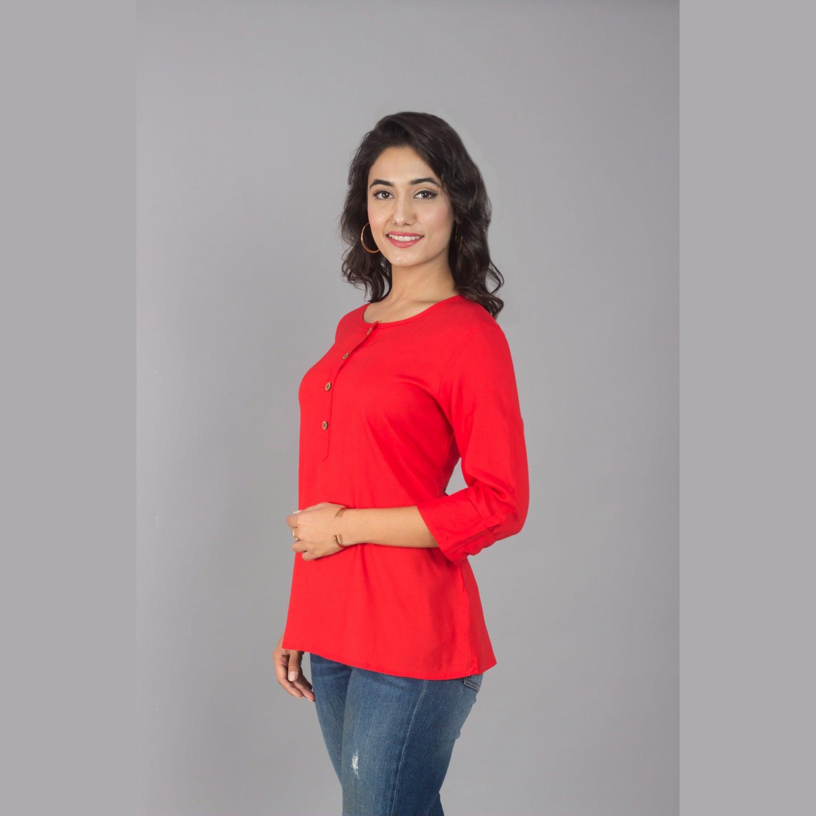 Rayon Red Solid Round Neck Casual Top - Frionkandy